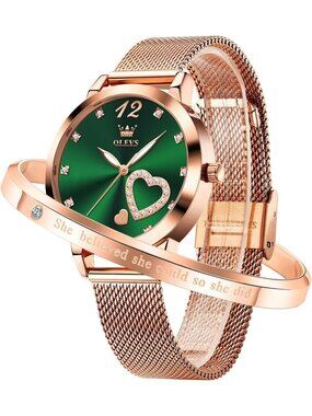 Women's Green Mesh Strap Fashion Dress Hearts Quartz Bracelet Sets Ladies Watch
